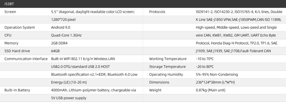 Foxwell i53BT Specs