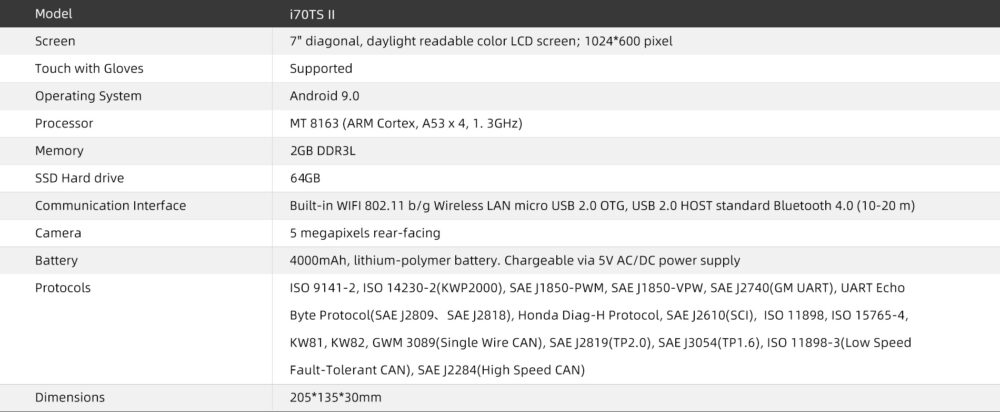 Foxwell i70TSII Premium Diagnostic & TPMS Scanner Specifications